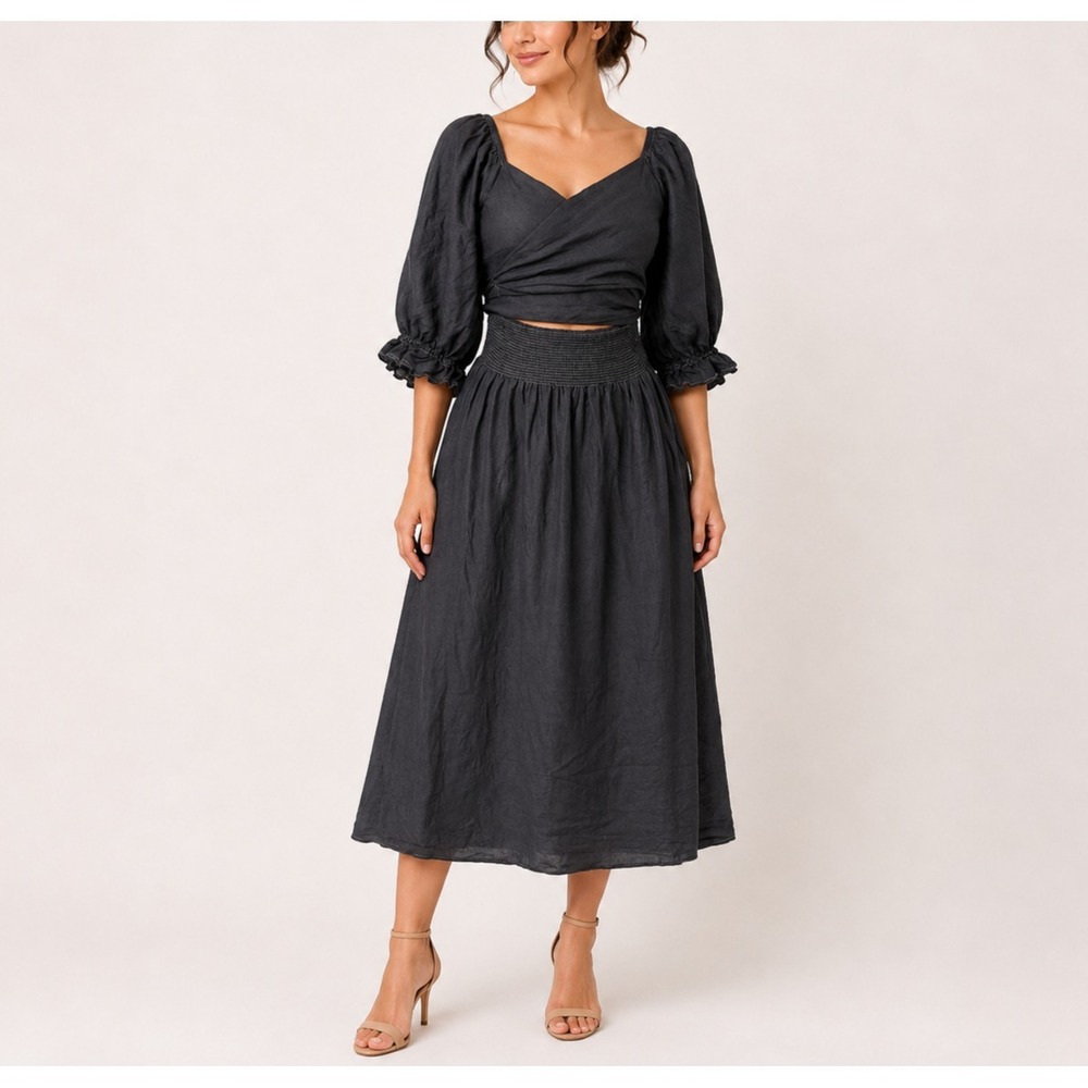 Aulieude Charlotte Dress Women 16 Gray Smocked Reversible Wrap Midi Cottage Boho